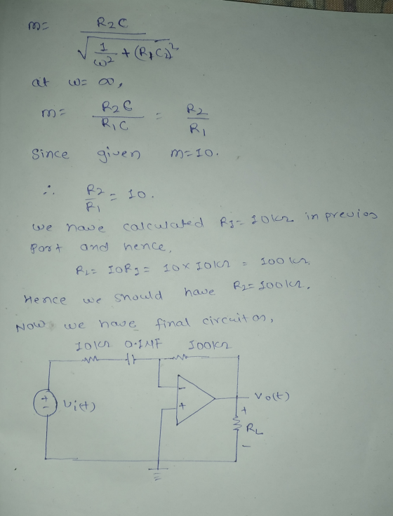 m= R20 at w= 0, m= R26 Ric Ri since given m=10., : R210. we have calculated Rg-golz in previos part and hence, R = IOR = 10x