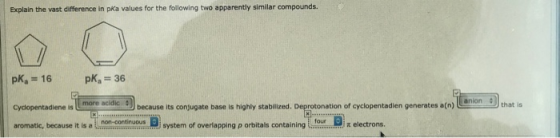 Explain the vast difference in pka values for the following two apparently similar compounds. pk = 16 pk, = 36 i anion that i