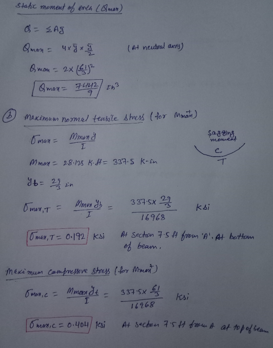 Static moment of even (Aman) &= LAG (At neutral aners) Qman = uxgx & Q mon = 2x [6192 Qman= 7442 9 263 maximum normal tensile