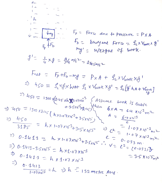 450 = 1300 X2045 ( hx1.07X16+*+ 3.5X105) h tung TE Fp = Force due to pressure =PXA fo= buoyant Force = Sex Voode & g mg = we
