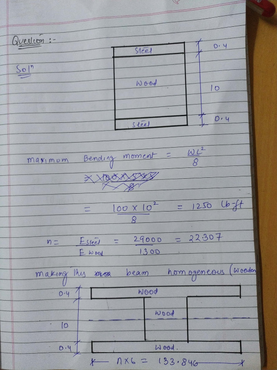 Question :- 0.4 Sleel Soln wood 10 0,4 steel moment 2 (را 8 maximum Bending ХХІВолчу 1250 lb-ft 100 x 10² 8. 29000 n= = 22.30