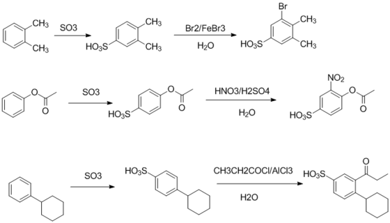 CH3 CH3 CH3 SO3 Br2/FeBr3 CH3 H2O HO3S HO3S CH3 CH3 NO2 HNO3/H2SO4 SO3 H2O HO3S HO3S CH3CH2COCI/AICI3 HO3S SO3 H20