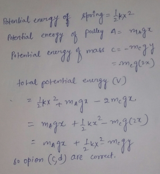 Potential energy of spring = 1kx 2 Potential energy of palley A=mage Potential energy of mass c= - megy meg(2x) toral potenti