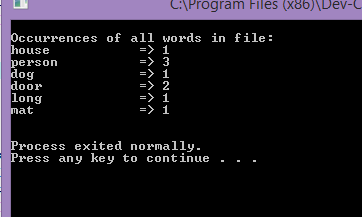 C:\Program Files (x86)\Dev- all words in file: Occurrences of house person dog door long mat 111111 Process exited normally.