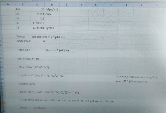D E F Kic 58 Mpa/m2 ai 3.1 1.70E-12 1.71E+06 cycles omax Tensile stress amplitude Min stress 0 0 1 L2 13 Paris eqn da/dn- A (