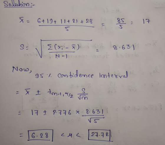 Solution :- * 6+19+ 11+2)+28. 17 S- 2(x - 3) . 9 6 5 ) N- n rot Now, 85% confidence interval! - x 1)-, , , al = 17 + 2776 * 8