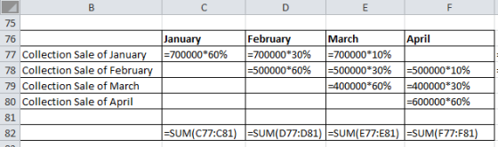 C E F 75 January = 700000*60% February - 700000*30 % -500000*60% April March 76 - 700000* 10% 77 Collection Sale of January -