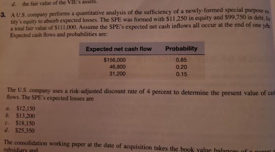 d. the fair value of the VIEs assets. 3. A U.S. company performs a quantitative analysis of the sufficiency of a n a quantitative analysis of the sufficiency of a newly-formed special purpose titys equity to absorb expected losses. The SPE was formed with $11,250 in equity and $99,750 in debt, for a total fair value of $111,000. Assume the SPEs expected net cash inflows all occur at the end of one yeht Expected cash flows and probabilities are: Probability 0.65 0.20 0.15 Expected net cash flow $156,000 46,800 31,200 he U.S. company uses a risk-adjusted discount rate of 4 percent to determine the present value of cash flows. The SPEs expected losses are a. $12,150 b. $13,200 c. $18,150 d. $25,350 The consolidation working paper at the date of acquisition takes the book value halances of subsidiary and