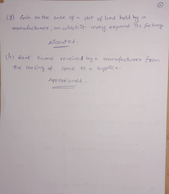 (9) Gain on the sale of a plot of land held by a manufacturer, on which it may expand its factory. Allocated. (b) Rent income