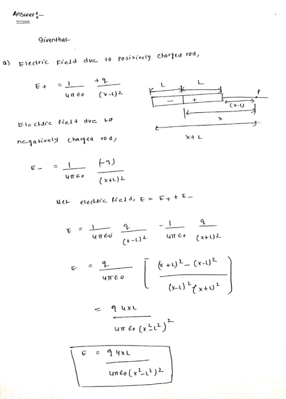 Answer0-- 9iventha- a) Eleclric Fieid duc 40 Positively charjed rod, negatively charged ro d (x+)2 a, (x)2 (x し,2 E 1yxL uneo x2