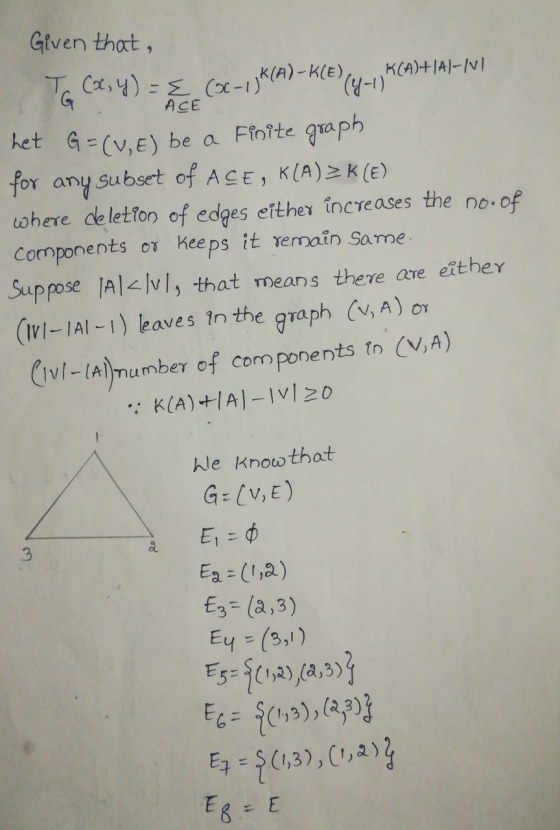 Given that, ACE TG COC, y) = E COC-UJK(A) -K(E) K(A)+(Al-v1 (4-1) het G = (v, E) be a Fioite graph for any subset of ASE, K(A
