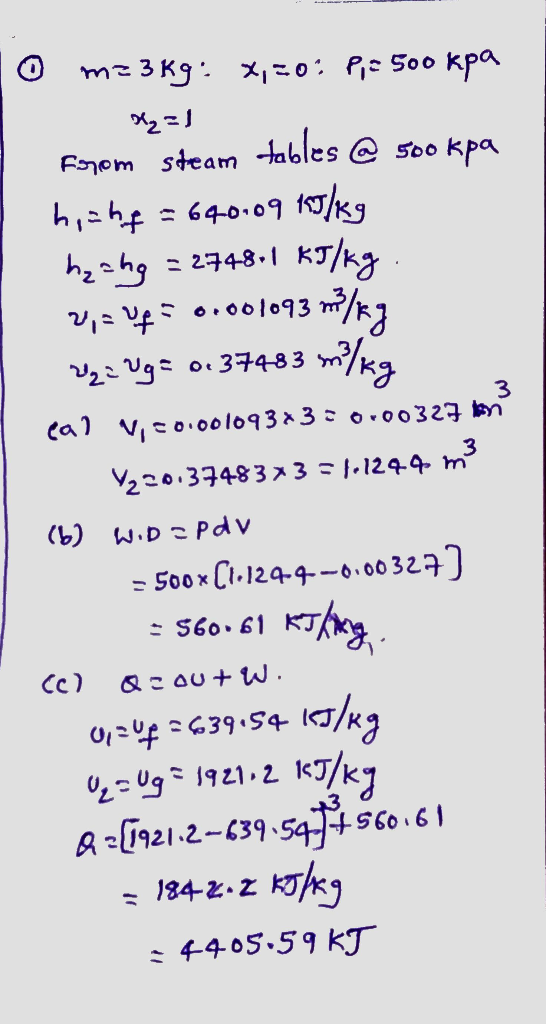 lo ma3kg: x, 50: ,2500 kpa Xy=1 Forom steam tables @ 500 kpa hicht=640.09 kJ/kg haahg = 2748-1 kJ/kg. 20,= Uf5 0.001093 m?/kg