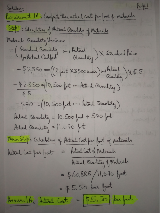 Solution Page! Requirement IA: Compute the actual cost per foot of materials Step! : Calculation of Actual Quantity of Materi