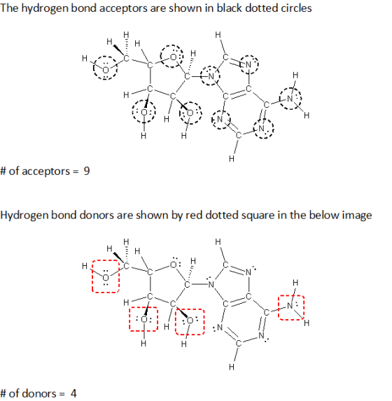 The hydrogen bond acceptors are shown in black dotted circles H н, н HC HC H # of acceptors = 9 Hydrogen bond donors are show