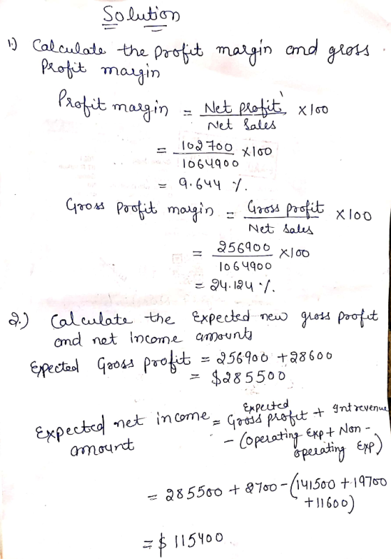 Solution 1. Calculate the profit margin and gross . profit margin Profit margin = Net profit, xloo Net Sales = 102700 x100 ne