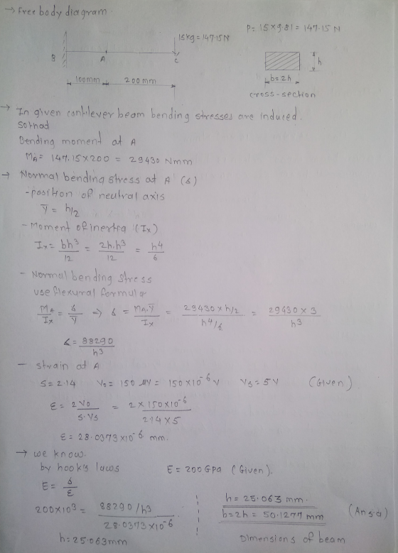 - Freebody diagram P-1589.81 = 147.15 N 15kg = 147.15 N 3 А loomm 200mm b= 2h cross-section In given conlilever beam bending