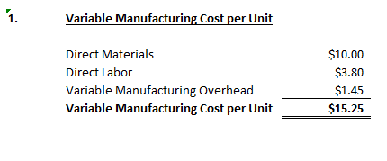 1. Variable Manufacturing Cost per Unit Direct Materials Direct Labor Variable Manufacturing Overhead Variable Manufacturing