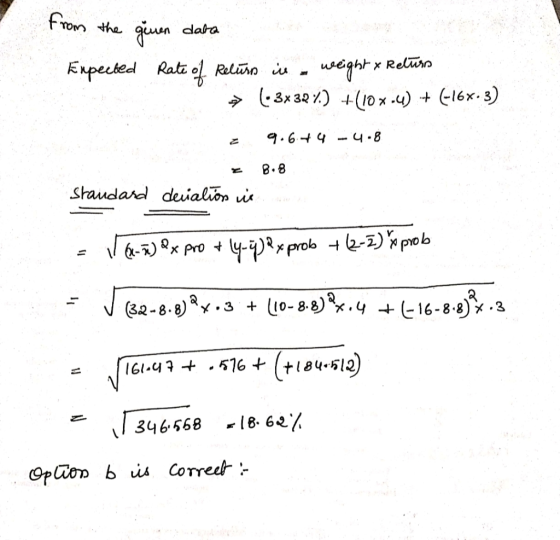 from the given data Expected Rate of Returs in weight & Return (.3x32 7.) +(10x•4) + (167.3) E 9.6+4 -4.8 = B:8 Standard devi
