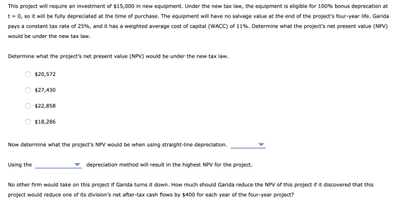 This project will require an investment of $15,000 in new equipment. Under the new tax law, the equipment is eligible for 100
