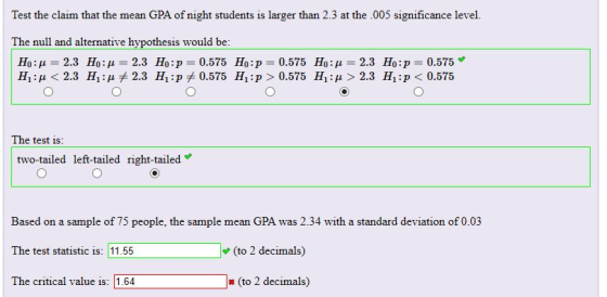 Test the claim that the mean GPA of night students is larger than 2.3 at the .005 significance level. The null and alternativ