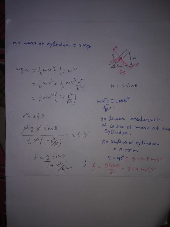 m= mass of cylinder = 5kg migh- tmv t I w2 - I mort I may h-ssing (77 A2 te AL/ mkr I = MR =&mr(itt % = 225 yg & sino + (1