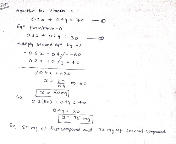 SolM Equation for vitman-c 0.2x + 044=40 Egn Forvitamin -D 0:3x + 0: 24= 30 Multiply second equ by - -0.6x - 0.4/= -60 0 2 x