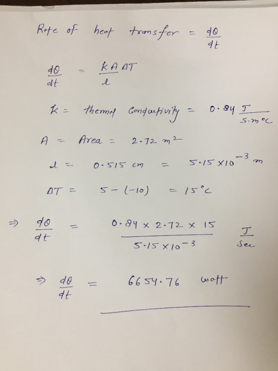 Rope of heat trans for = do do at = KAAT e k= thermal Conquefivity = 0.84 I somoc A = Area = 2.72 m2 0.515 cm = da 545x10-3 m