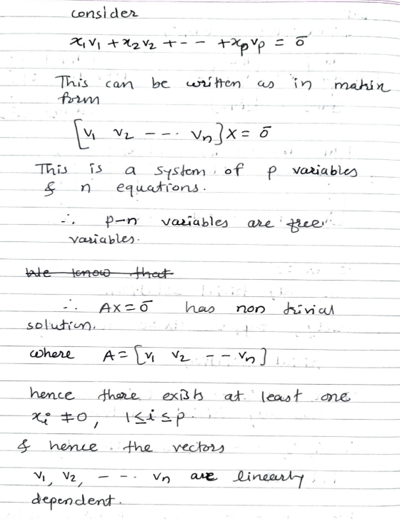 consider xivi +22 V2 + top up = o This can be written fum in matin [ V2 Vn}x= 6 is a This & variables P system of equations.