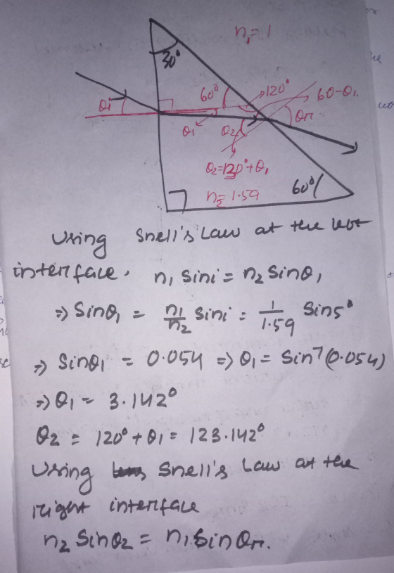n=1 re 600 120° 60-01 Di للا On R21 Qz=130°0, 17 g 1.59 600/ Snells law at the hot Using interface. in sini = n₂ sino, - Sin