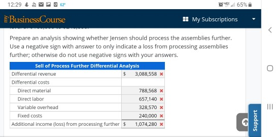 12:29 & AMP 62 0 .65% Business Course My Subscriptions Prepare an analysis showing whether Jensen should process the assembli