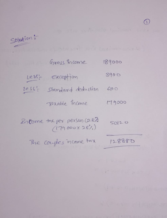 Solutions Gross income 189000 Exception 3900 Less zesse Standard deduction 6100 Taxable income 179000 solo Income tax per per