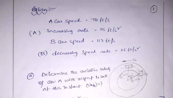Giveni A Car Speed - 76 ftls (A) in ccreasing rate - 15 ft/s B can speed - 113 ft/s (B) decureasing speed rate = 25ft/s @ De