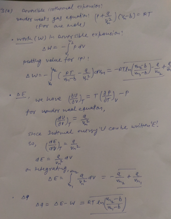 3(9) Reversible isothermal expansion? vander waels gas equation (Pt 9 (verb) = RT (for are nole work (w) in seversible expen