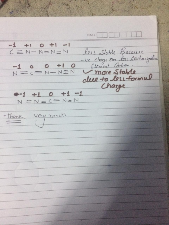 DATE -1 CEN N=N=N O Less Stable Because -ve chage En lass Eleangatie Element arbe mare Sakle clue to dosi formul O -1 a IC N