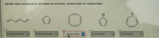 Identify each compound or lon below as aromatic, antiaromatic or nonaromatic. Nonaromate a Nonaromatica apoiaromate D Aromati