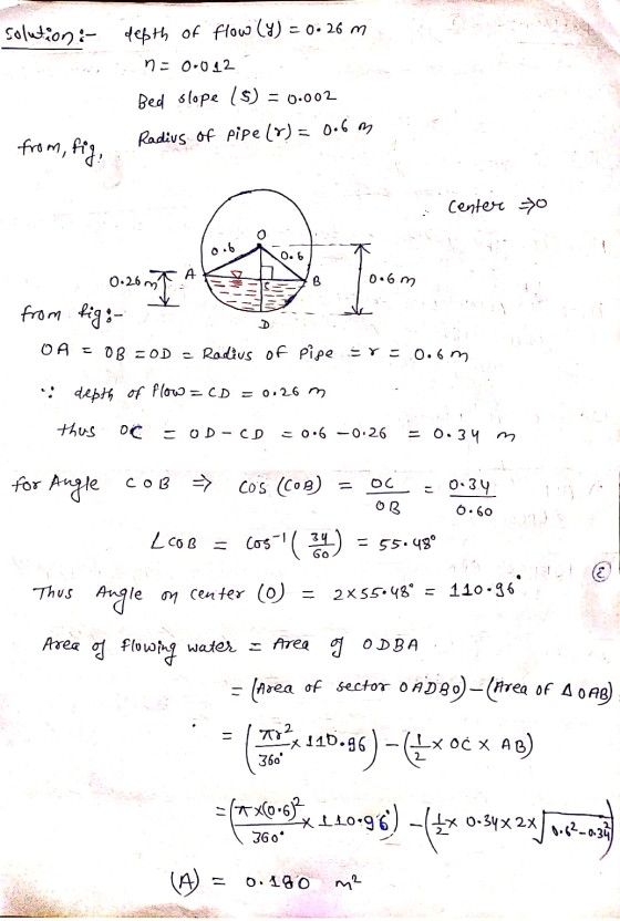 solution: depth of flow (y) = 0.26 m n = 0.012 Bed slope (5) = 0.002 from, fig. Radius of pipe (2) = 0.6 m Center > 0.6 0.6 Т