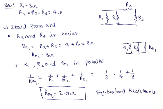 Solo R,=8u R₂ = R3=Rq=4u RE R3 Ri =) start from end Rz and Ra in series Re, = Rzt R¢= 4+4=8r Rei=8u R₂ and Re, in parallel RR