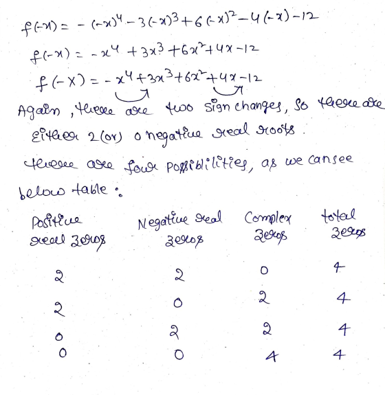 A F(-X)= -(~204.–3(-2)3+66x12–460X) -12 f(x) = -24 +383 +6+48-12 f(-x) = -x4+373 +68++48-12 Again, there are two sign changes
