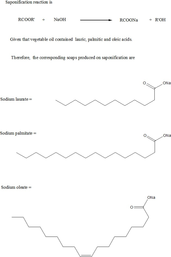 Saponification reaction is RCOOR+NaOH Given that vegetable oil contained lauric, palmitic and oleic acids. Therefore, the co