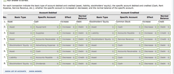 Your answer is correc For each transaction indicate the basic type of account debited and credited (asset, liability, stockho
