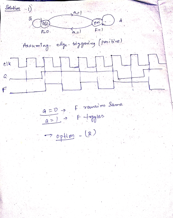 Solution ...) al á (oft on FOI (=ه Assuming edge-triggering (positive) elk a: 51 F f. remains same a=0 f toggles a=1 option -