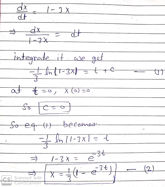 dx dt 1-3 X dx 1-3% = dt integrate it we get In 21-3x1 = tt (ज) cult X (6) có at t=0, XCO so fea So eq. (1) becomes = 1/2 In