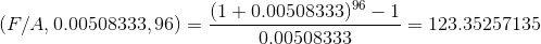 (F/A,0.00508333,96)=\frac{(1+0.00508333)^{96}-1}{0.00508333}=123.35257135