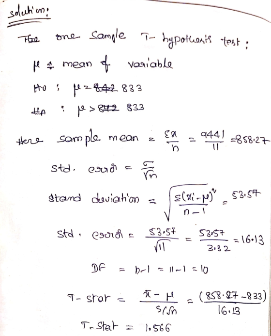 solution one sample T- hypothesis test; Me ei mean of variable =842833 to HA de > 842 833 Here sample ample mean Ea D ק 9441