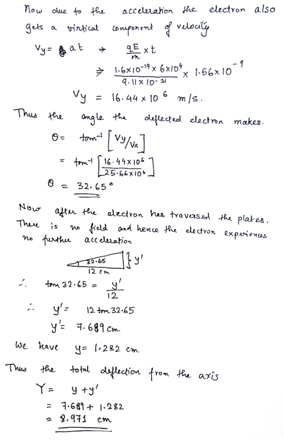 now oue to acceluhon me electron also vuloc ナ 1.6x10-19 x 6x04 x 1-66x10 vy = 16.44 x 106 m/s Thuan elacton makes θ 32° 65 ‘