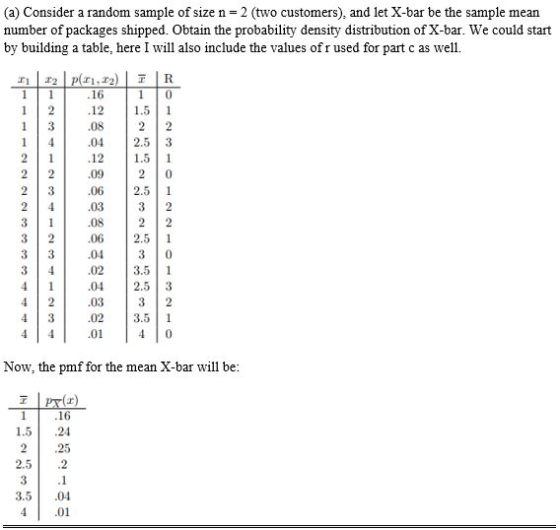 (a) Consider a random sample of size n= 2 (two customers), and let X-bar be the sample mean number of packages shipped. Obtai