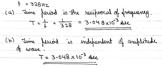 t = 32842 (a) Time period is the reciprocal of frequency CAT E} = 328 = 3.048x10-3 sec 328 (b) Time period is independent of