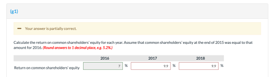 (g1) - Your answer is partially correct. Calculate the return on common shareholders’equity for each year. Assume that common