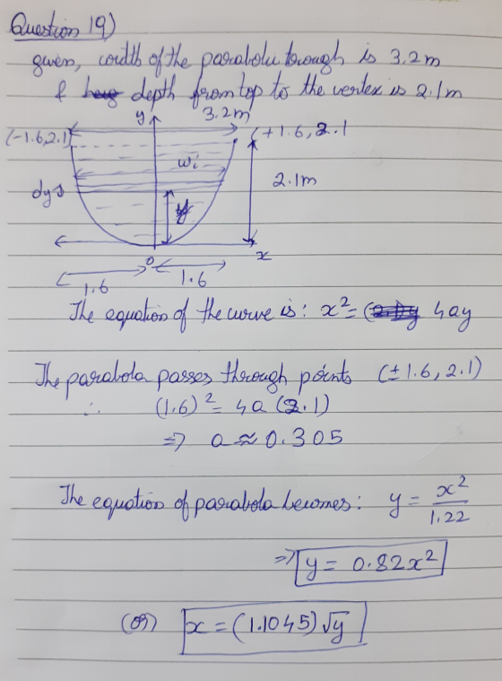 Question 19) gever, coretto of the pooroboli, brough is 3.27 f her depth from top to the vertex is 2.1m (-1.62.14 yr 3.2m (+1