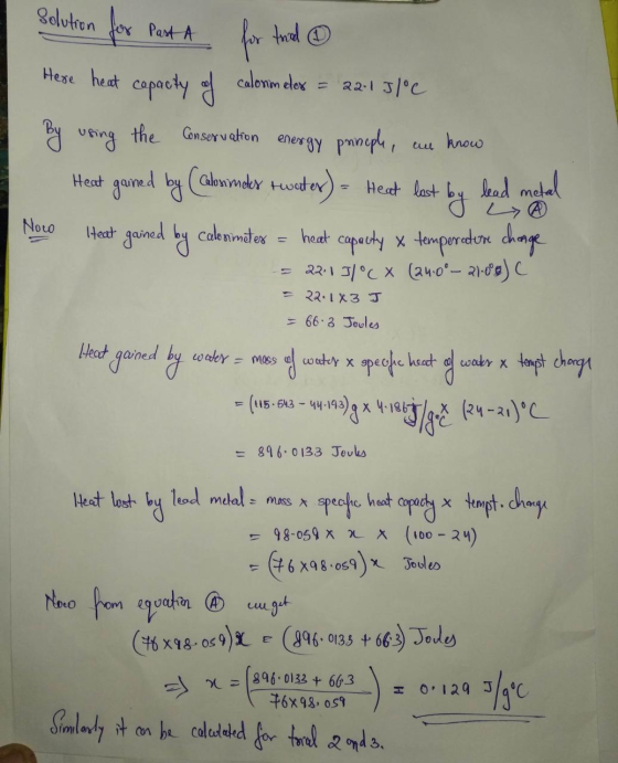 PON solution for Past A for tried Here heat copacity of calonmeler = 22-1 5|C By using the Conservation energy prinople, caur